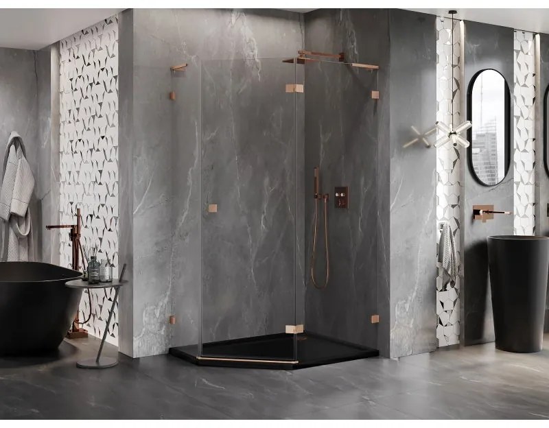 Mexen Lunar, L pravý výklopný päťuholníkový sprchový kút 100 x 90 cm, 8mm číre sklo, profil medená matná, 831L-100P-090L-65-00-P