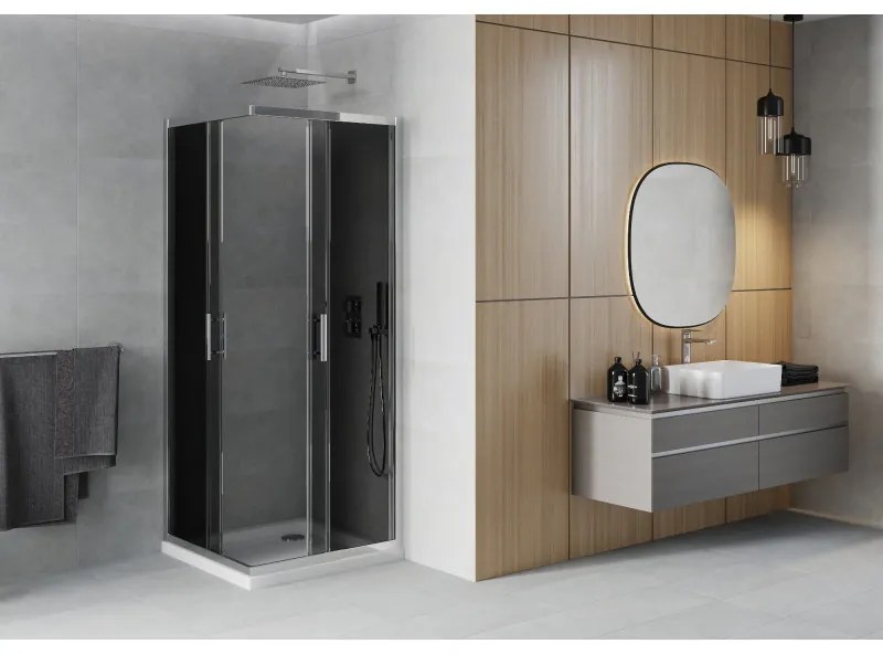 Mexen Rio štvorcový sprchovací kút 90 x 90 cm, 6mm sklo, šedé sklo, chrómový profil + slim sprchová vanička 5cm, 860-090-090-01-40-4010