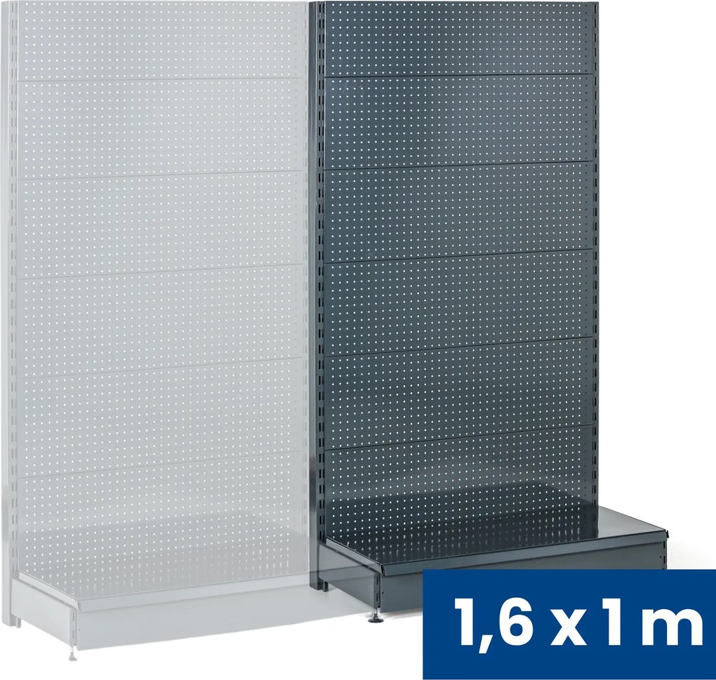 Predajný regál jednostranný, perfo steny, 1600 x 1000 x 450 mm, prídavný, antracit