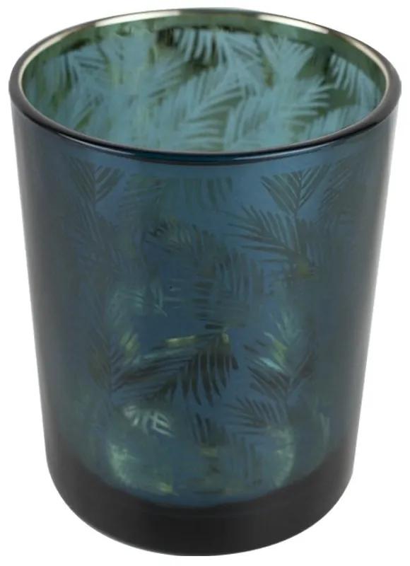Sklenený svietnik v petrolejovej farbe s dekoráciou palmových listov - Ø 10 * 12cm