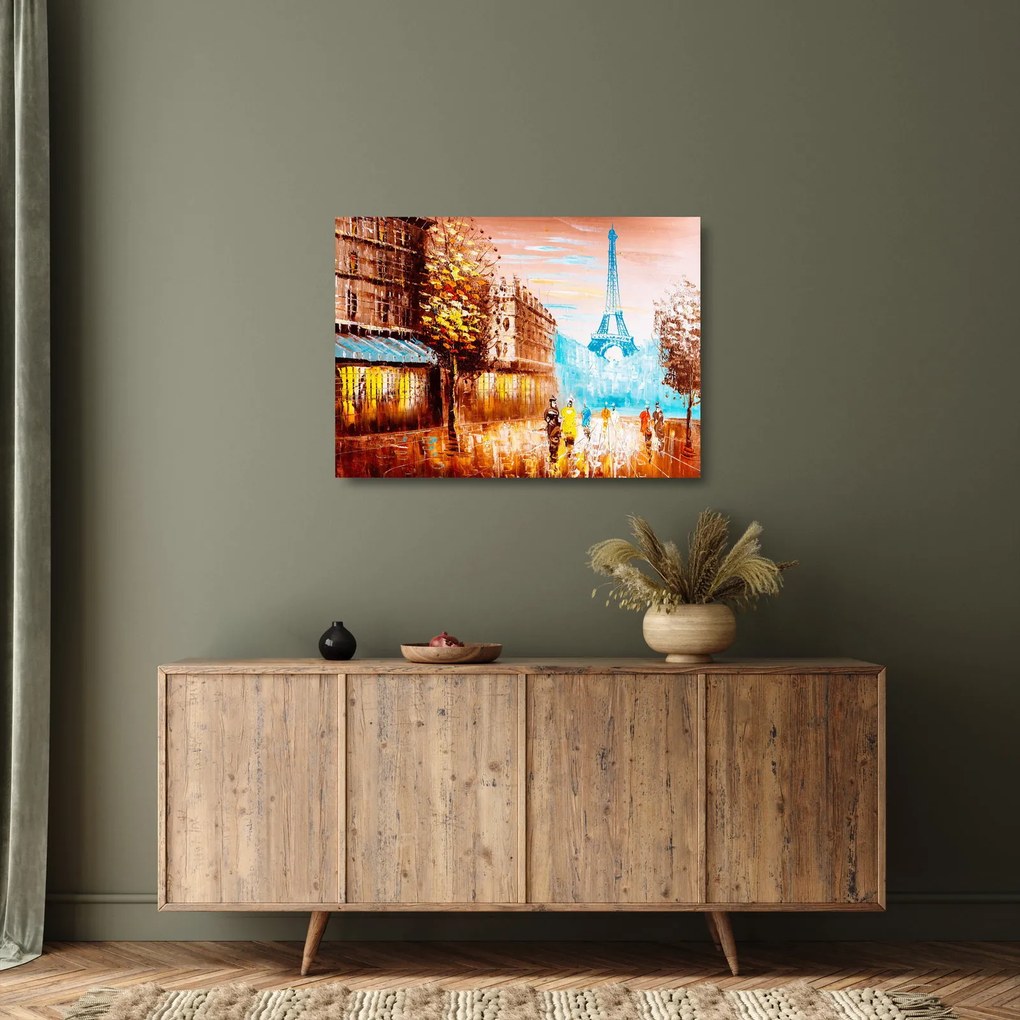 Sklenený obraz - Daždivého počasia a Eiffelovej veže (70x50 cm)