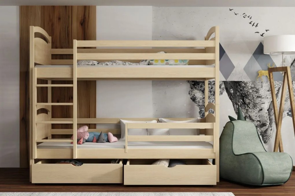 Detská poschodová posteľ z masívu borovice MARCELA so šuplíkmi - 200x90 cm - PRÍRODNÁ BOROVICA