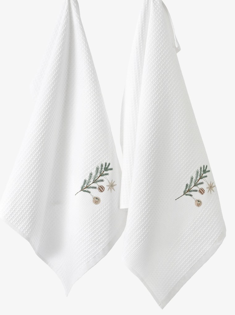Goldea vianočná kuchynská vaflová utierka s výšivkou - baňky na vetve na bielom 50 x 70 cm