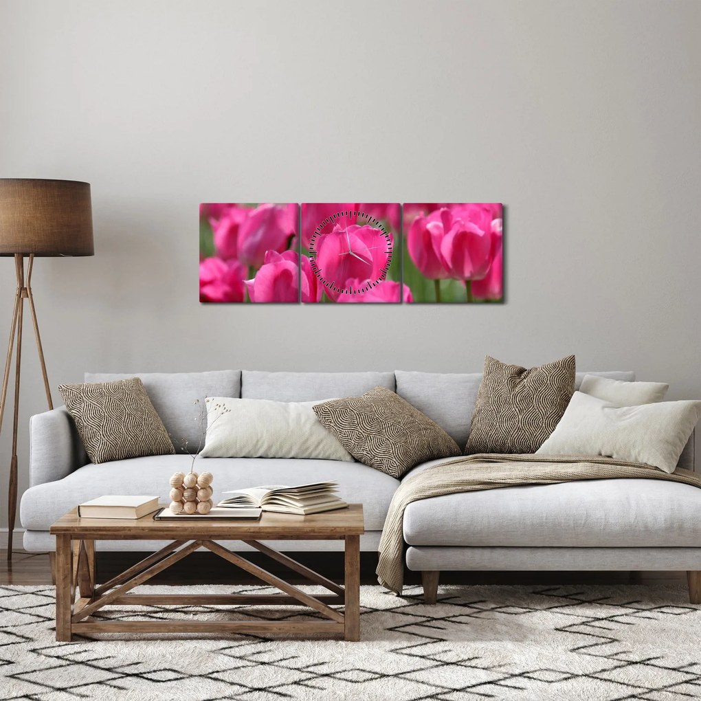 Obraz - Ružové tulipány (s hodinami) (90x30 cm)