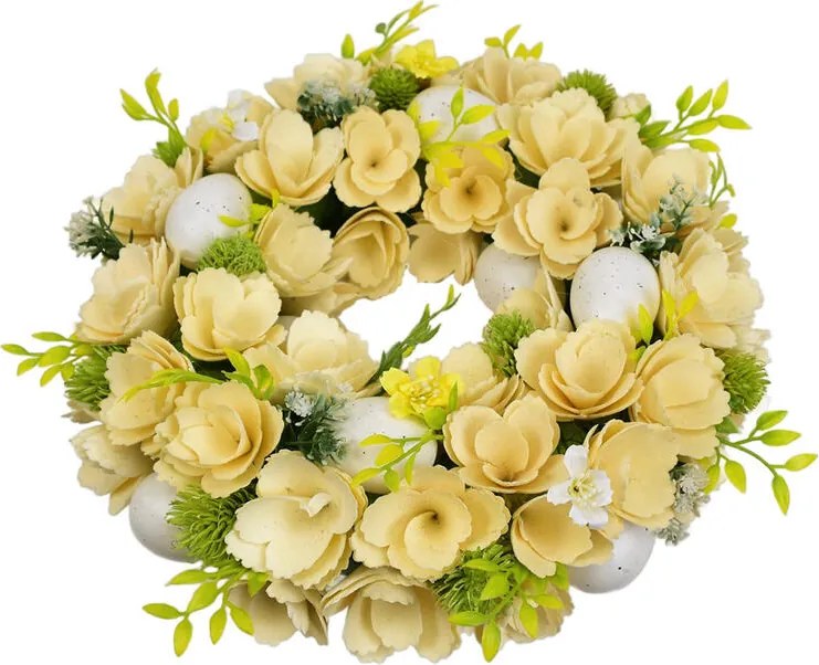 Jarný veniec s drevenými kvetmi a vajíčkami 30 cm