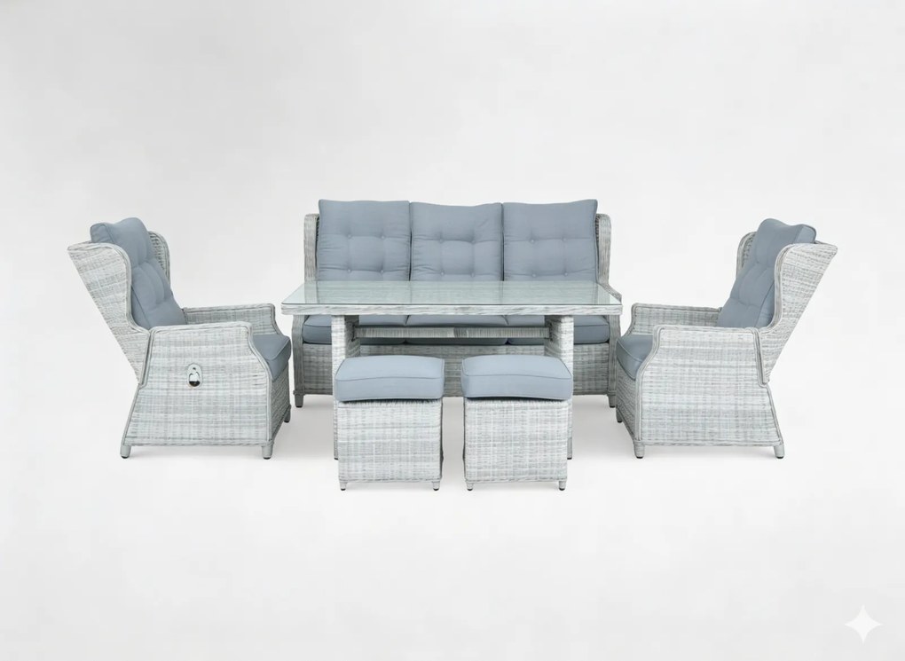 Garden Line SÚPRAVA ZÁHRADNÉHO NÁBYTKU Z HLINÍKA A RATANU (SOFA + STÔL + 2 KRESLÁ + 2 TABURETY) ŠEDÁ + ŠEDÉ VANKÚŠE *0404