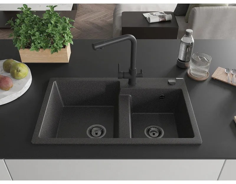Mexen Tomas, granitový drez 800x500x190 mm, 2-komorový a čierna batéria Duero, čierna škvrnitá, 6516-76-671600-70-B