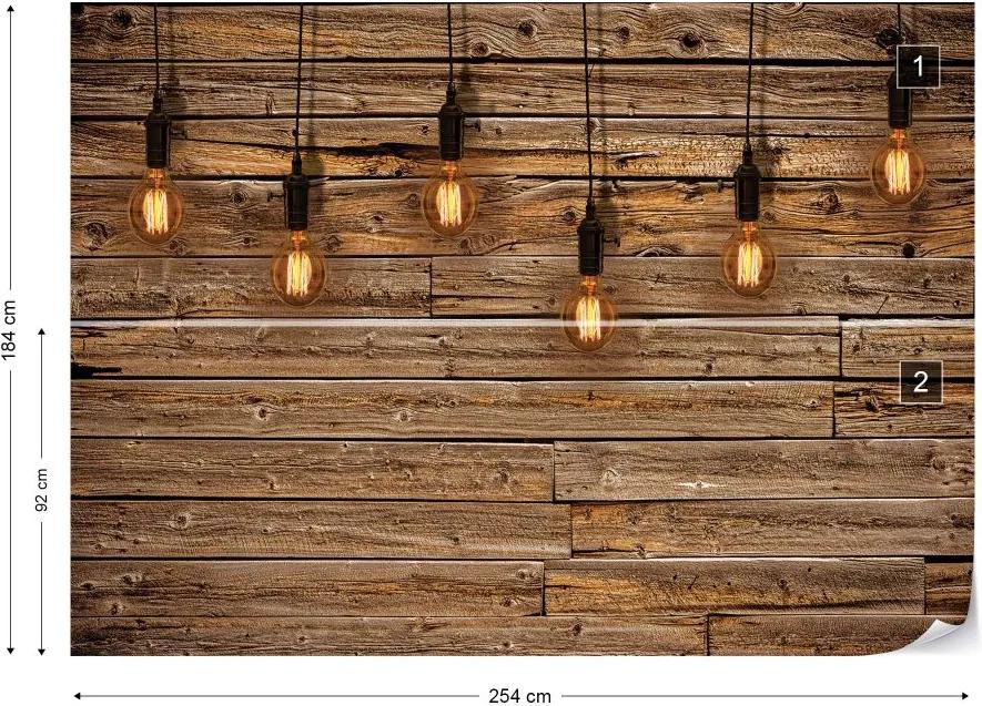 GLIX Fototapeta - Industrial Chic Retro Light Bulbs Wood Texture Vliesová tapeta  - 254x184 cm