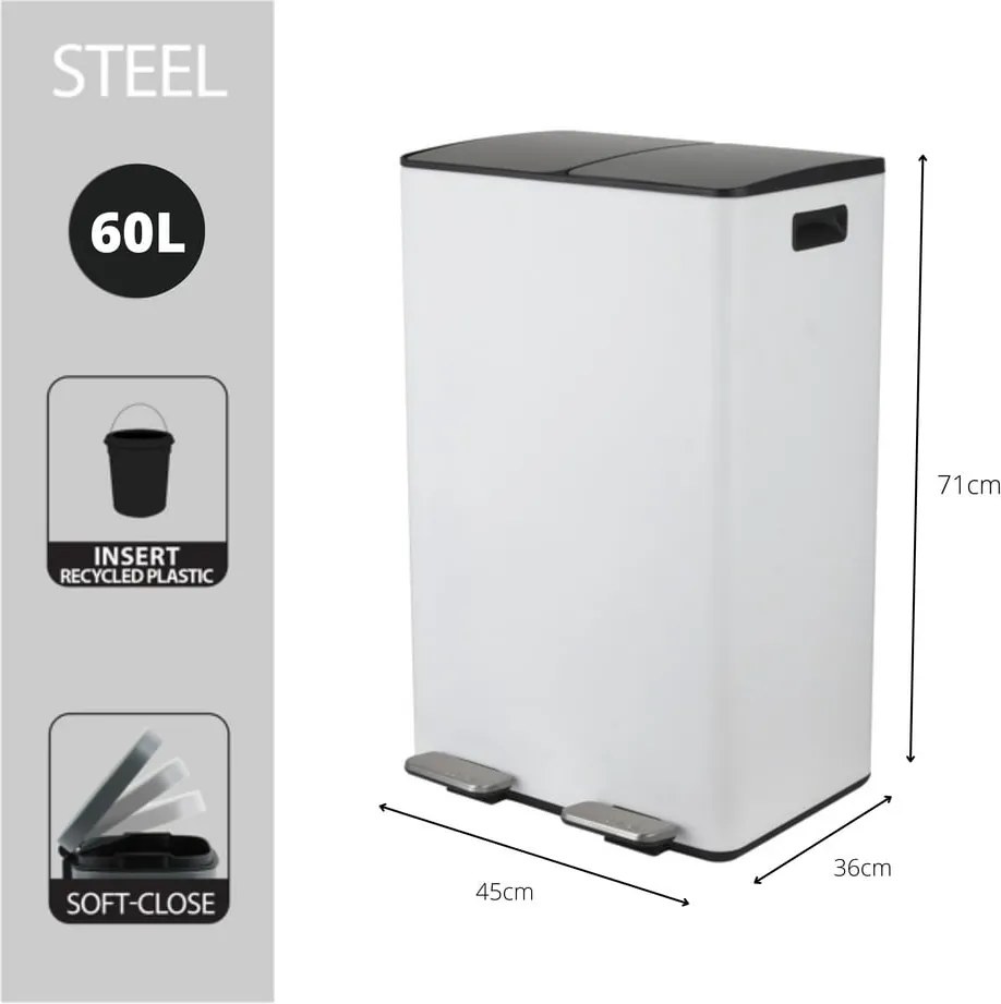 Matne biely oceľový odpadkový kôš 2x30 l na triedený odpad/nášľapný Aliya – Spirella