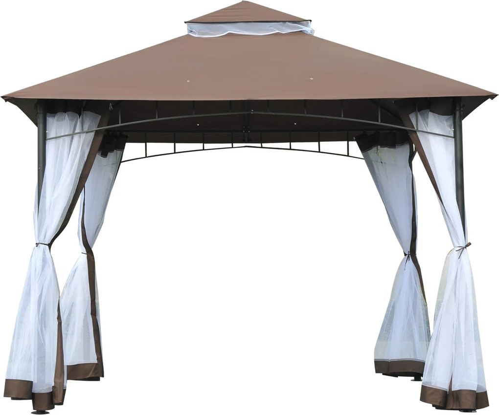 Altánok Outsunny 3x3m s dvojitou strechou a bočnými sieťkami so zipsom pre dobrú ventiláciu, ideálny na terasu, akcie, večierky a svadby, hnedý a biel