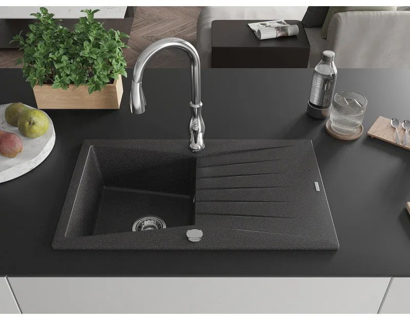 Mexen Cesar, 1-komorový granitový drez 775x470x190 mm a drezová batéria Savita, čierna škvrtnitá, 6514-76-672601-00