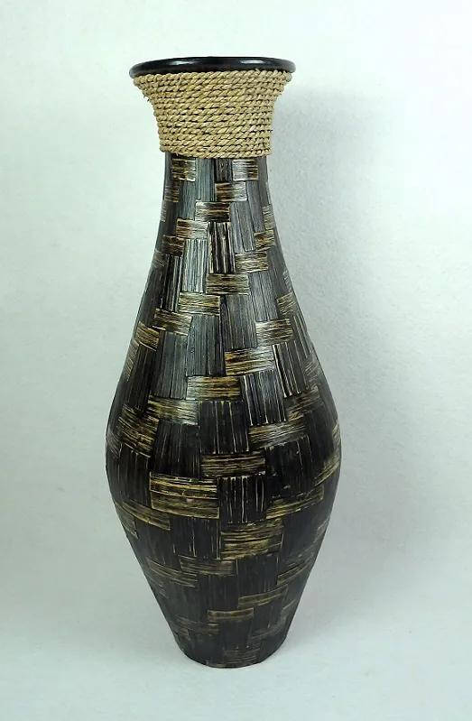 Váza hnedá NATURE 5 - tmavá, keramika, pravé listy, ručná práca, Indonézia