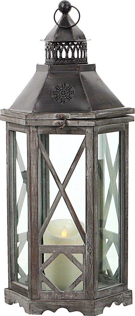 Drevený lampáš s plechovým vrchom MSL3564BR - hnedo-biely (29x26x66 cm) - vidiecky štýl