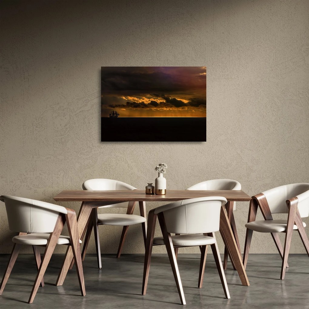 Sklenený obraz plachetnice pri západe slnka (70x50 cm)