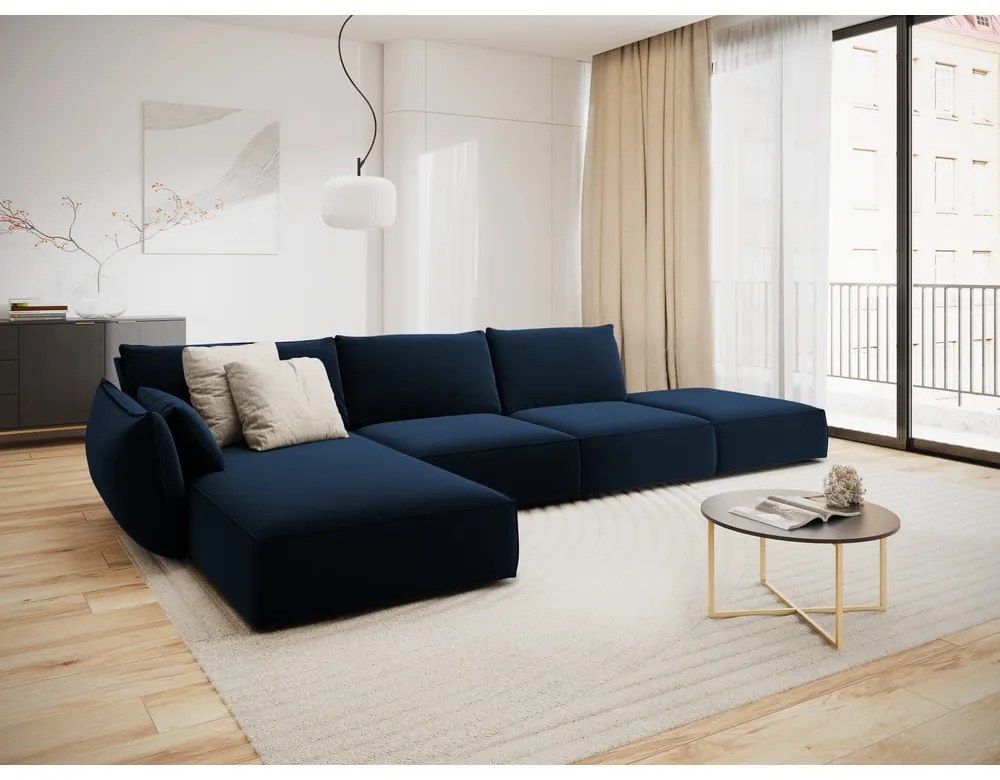 Tmavomodrá zamatová rohová pohovka (ľavý roh/s leňoškou) Vanda – Mazzini Sofas
