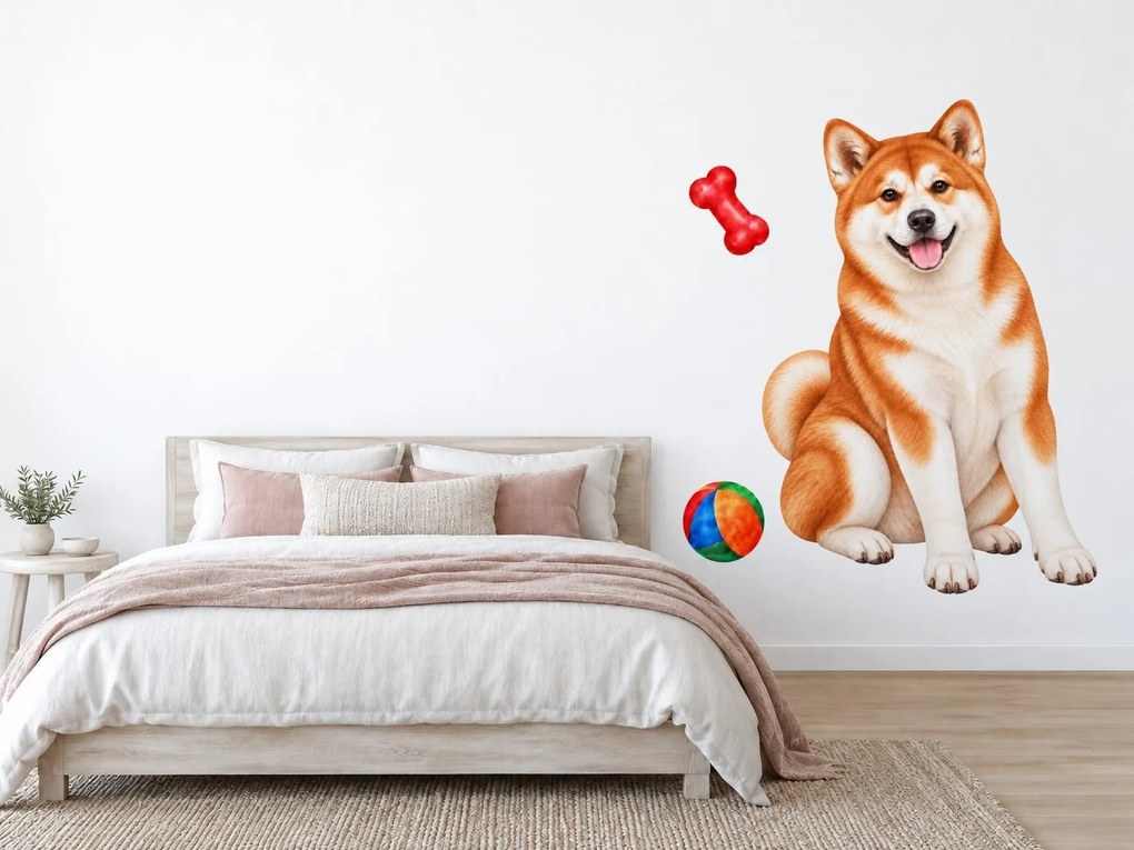 Akita inu s loptičkou a kosťou maľované textilné nálepky na stenu arch 31 x 46 cm