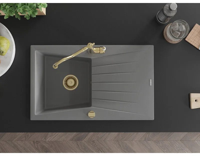 Mexen Cesar, 1-komorový granitový drez 775x470x190 mm a drezová batéria Carla, šedá, 6514-71-670700-50