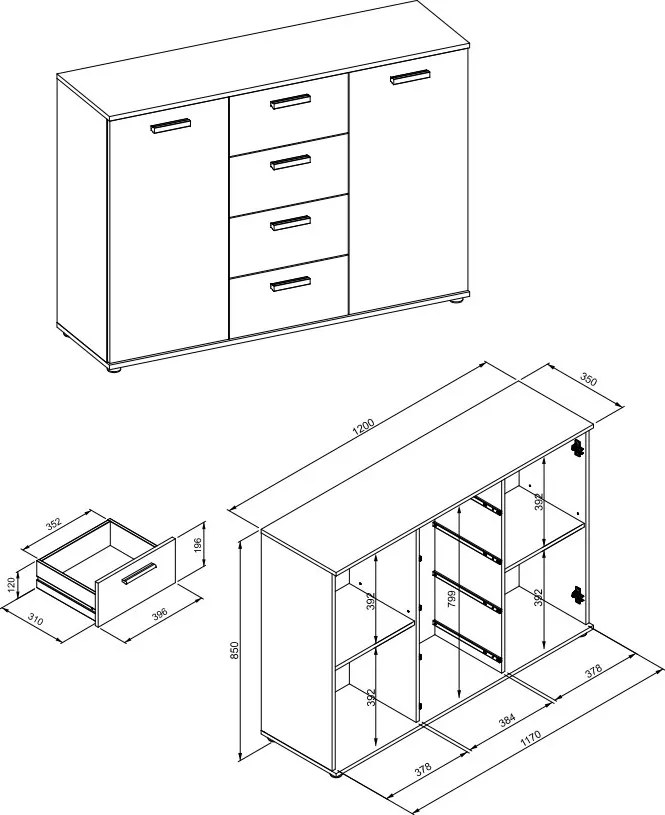Komoda so 4 zásuvkami Jacky, dub sonoma/biela
