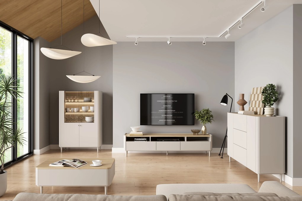 TV stolík Elivo 200 cm na nožičkách - kašmírová / dub olejovaný