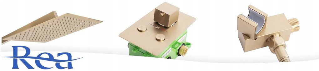 Rea Fenix Davis, podomietkový sprchový set + box s dažďovou a ručnou sprchou, zlatá matná, REA-P6358