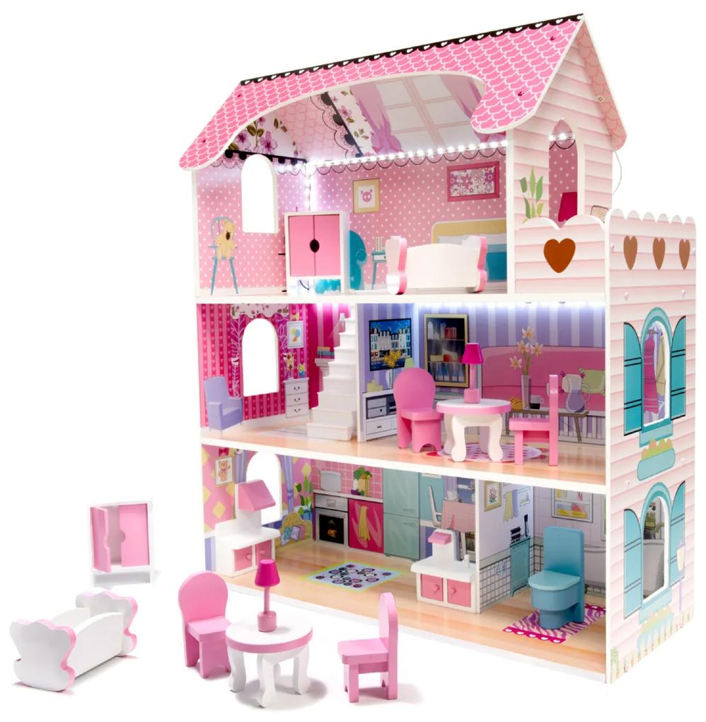 Drevený domček pre bábiky s nábytkom a LED svetlom | ružový