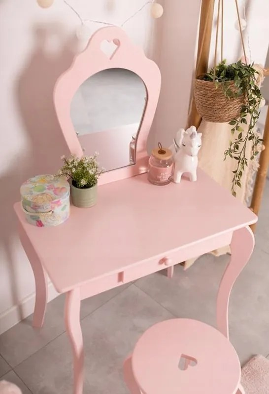 Ružový detský toaletný stolík s taburetkou