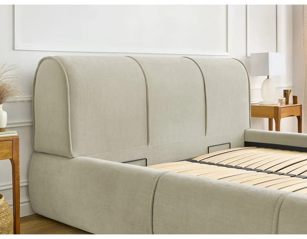 Béžová čalúnená dvojlôžková posteľ s úložným priestorom s roštom 180x200 cm Vernon – Bobochic Paris