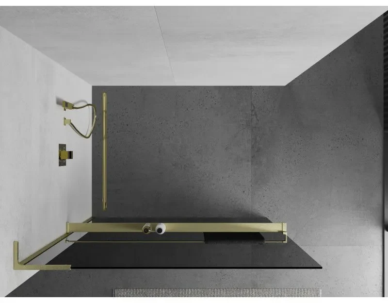 Mexen Kioto+ L, sprchová zástena Walk-In s poličkou a vešiakom 80 x 200 cm, 8mm šedé sklo, zlatý matný profil, 800-080-123-55-40