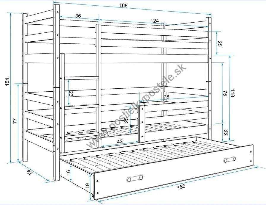 Poschodová posteľ s prístelkou ERIK 3 - 160x80cm - Biela - Modrá