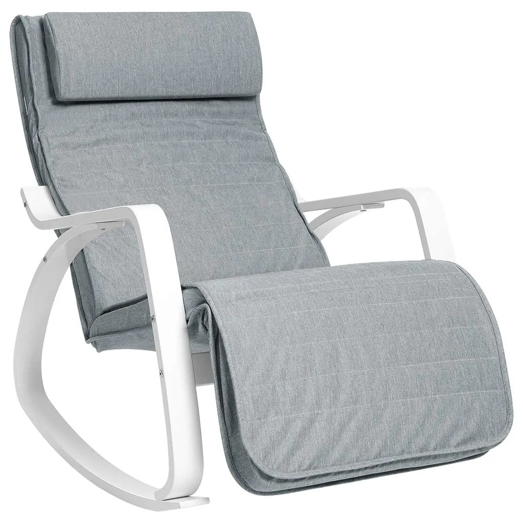 Hojdacie kreslo s bielym rámom a s nastaviteľnou opierkou na nohy v 5 polohách, šedé