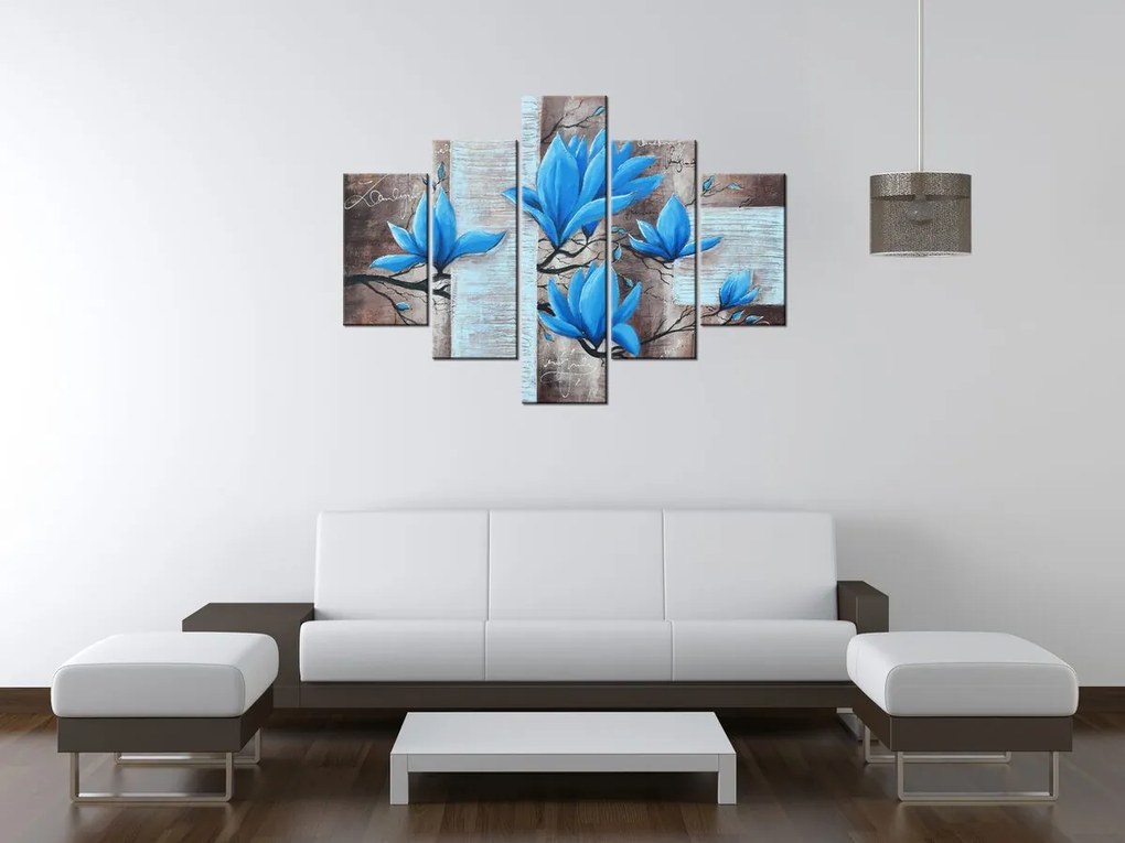Gario Ručne maľovaný obraz Nádherná modrá magnólia - 5 dielny Rozmery: 150 x 105 cm