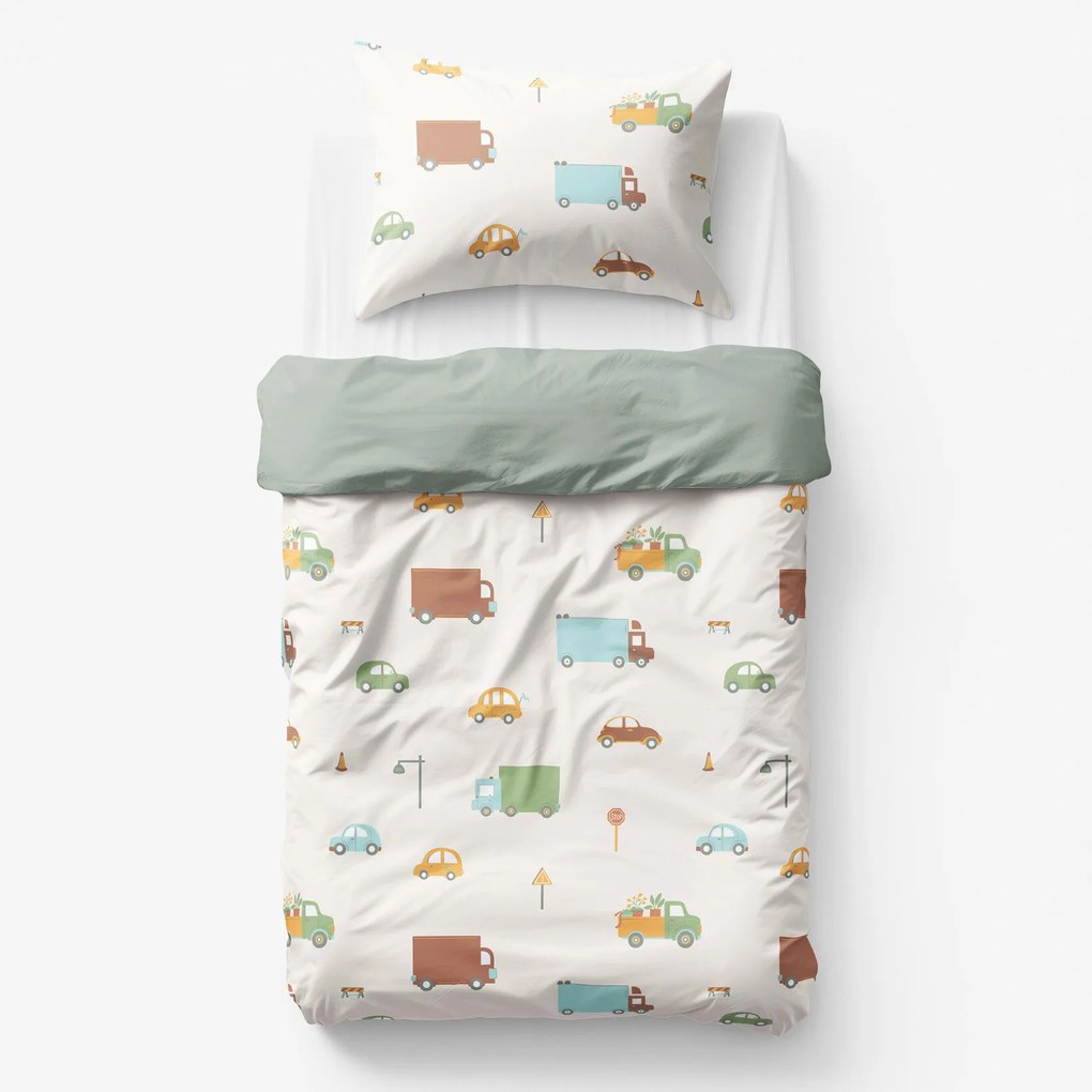 Goldea detské bavlnené obliečky duo - svet autíčok so šalviovo zelenou 150 x 200 a 50 x 60 cm