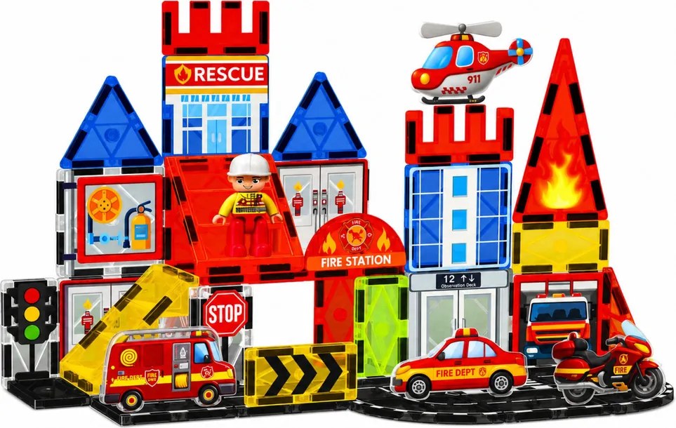 LEAN Toys Magnetické stavebné kocky – Požiarna stanica, 42 dielov