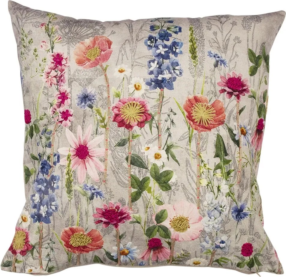 Béžový vankúš rozkvitnutá lúka Flowers Poppy s výšivkou - 60*60*15cm