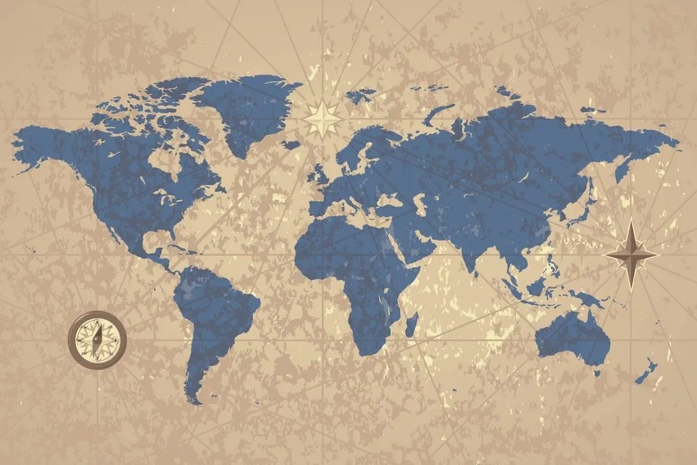 Samolepiaca tapeta mapa sveta s kompasom v retro štýle - 225x150
