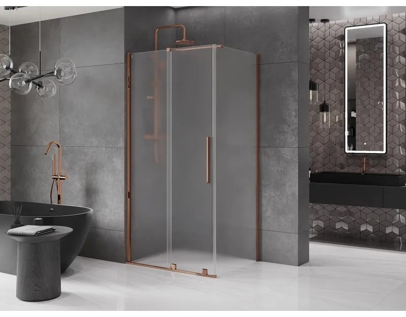 Mexen Velar, sprchový kút s posuvnými dverami 130 x 85 cm, 8mm sklo námraza, ružové zlato, 871-130-085-31-55