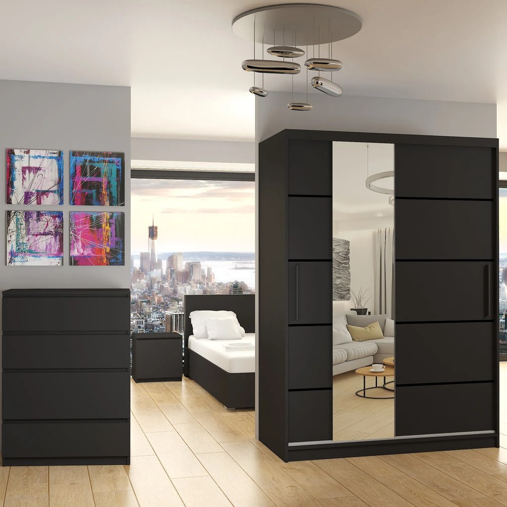 Šatníková skriňa 133 cm Belini čierny mat s posuvnými dverami zrkadlom a zásuvkami MBP SZP6/1/B/B/0/KLP