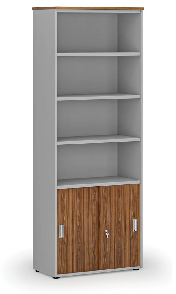 Kombinovaná kancelárska skriňa PRIMO GRAY, zasúvacie dvere na 2 poschodia, 2128 x 800 x 420 mm, sivá/orech