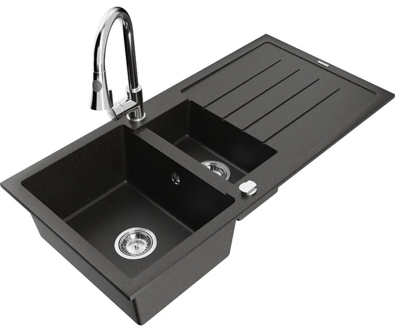 Mexen Andres, 1,5-komorový granitový drez 1000x500x200 mm a drezová batéria Elia, čierna-zlatá metalíza, 6515-75-670101-00