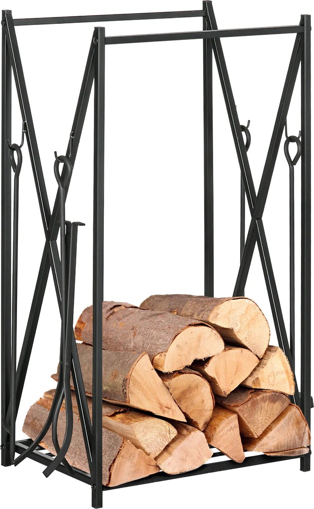 HOMCOM Štýlový držiak na polená 46x30x76 s 4 náradiami, oceľový rám, stabilný nosnosť 100 kg, na exteriér aj interiér | Aosom