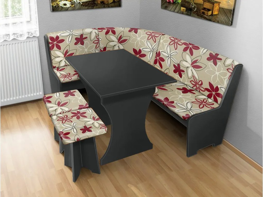 Nabytekmorava Jedálenská rohová lavica sa štokrlemi a stolom farba lamina: agát (akát), čalúnenie vo farbe: Alova bordó