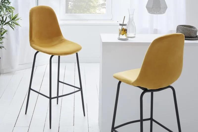 IIG -  Dizajnová barová stolička SCANDINAVIA MEISTERSTÜCK horčicovo žltý zamat s opierkou na nohy