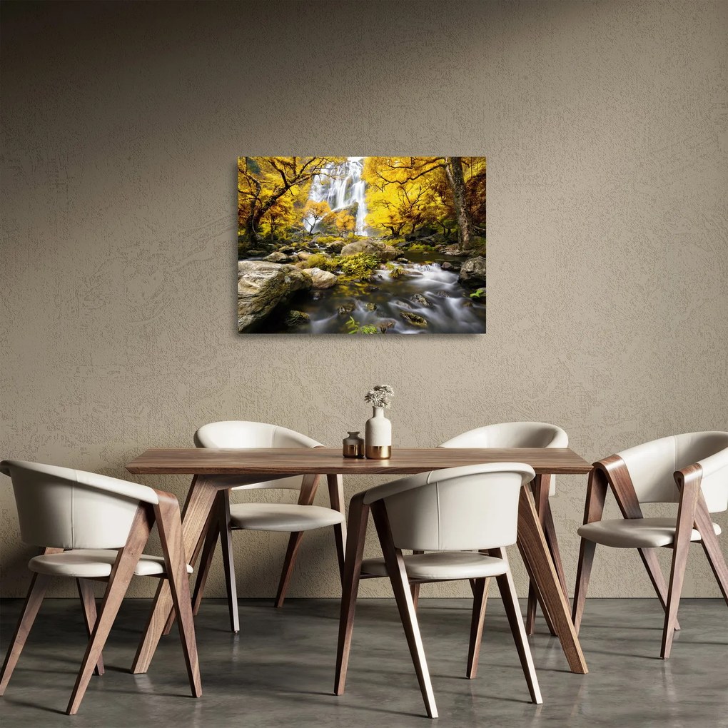 Sklenený obraz - Vodopády v jesennej krajine, žlté (70x50 cm)