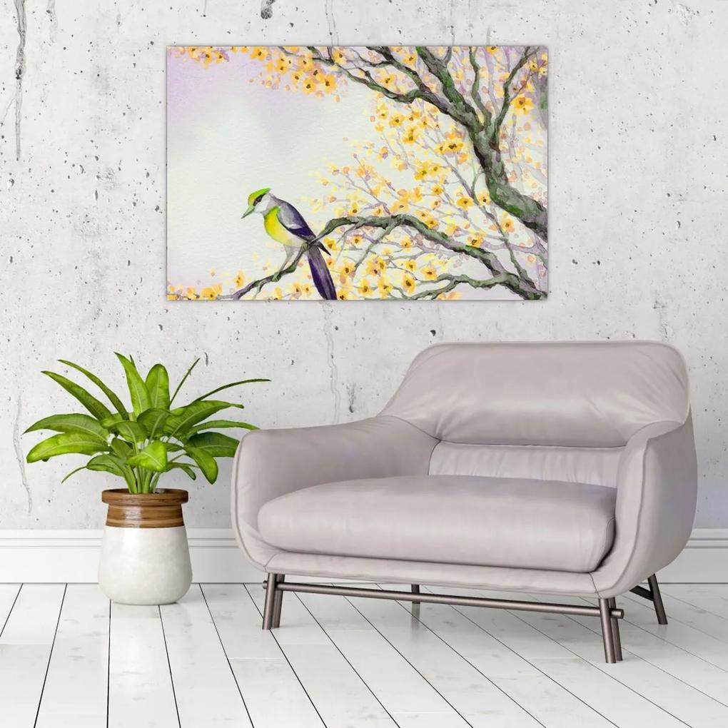 Obraz - Akvarelový vtáčik na strome (90x60 cm)