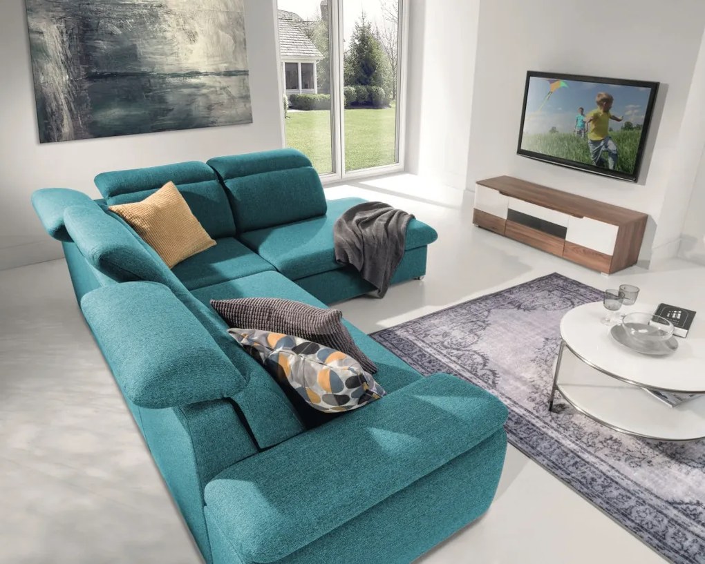 Rohová sedačka Aldon, petrolejová štruktúrovaná látka, pravý roh