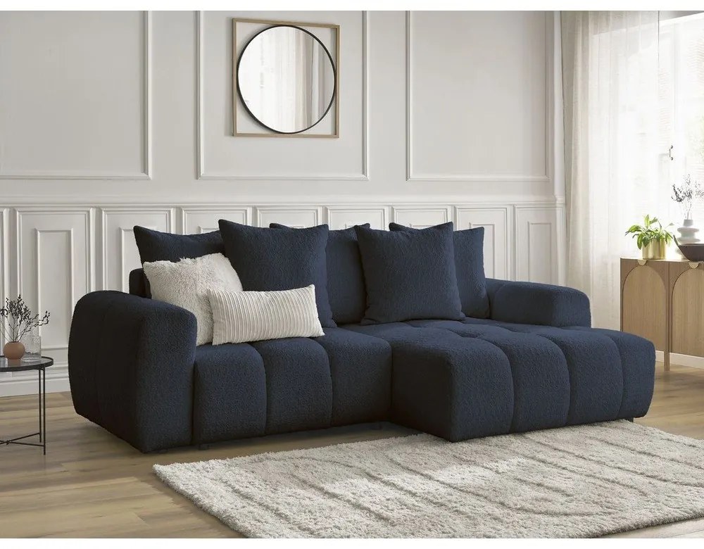 Modrá rozkladacia/s úložným priestorom rohová pohovka z textílie buklé (pravý roh/s leňoškou) Roxelane – Bobochic Paris