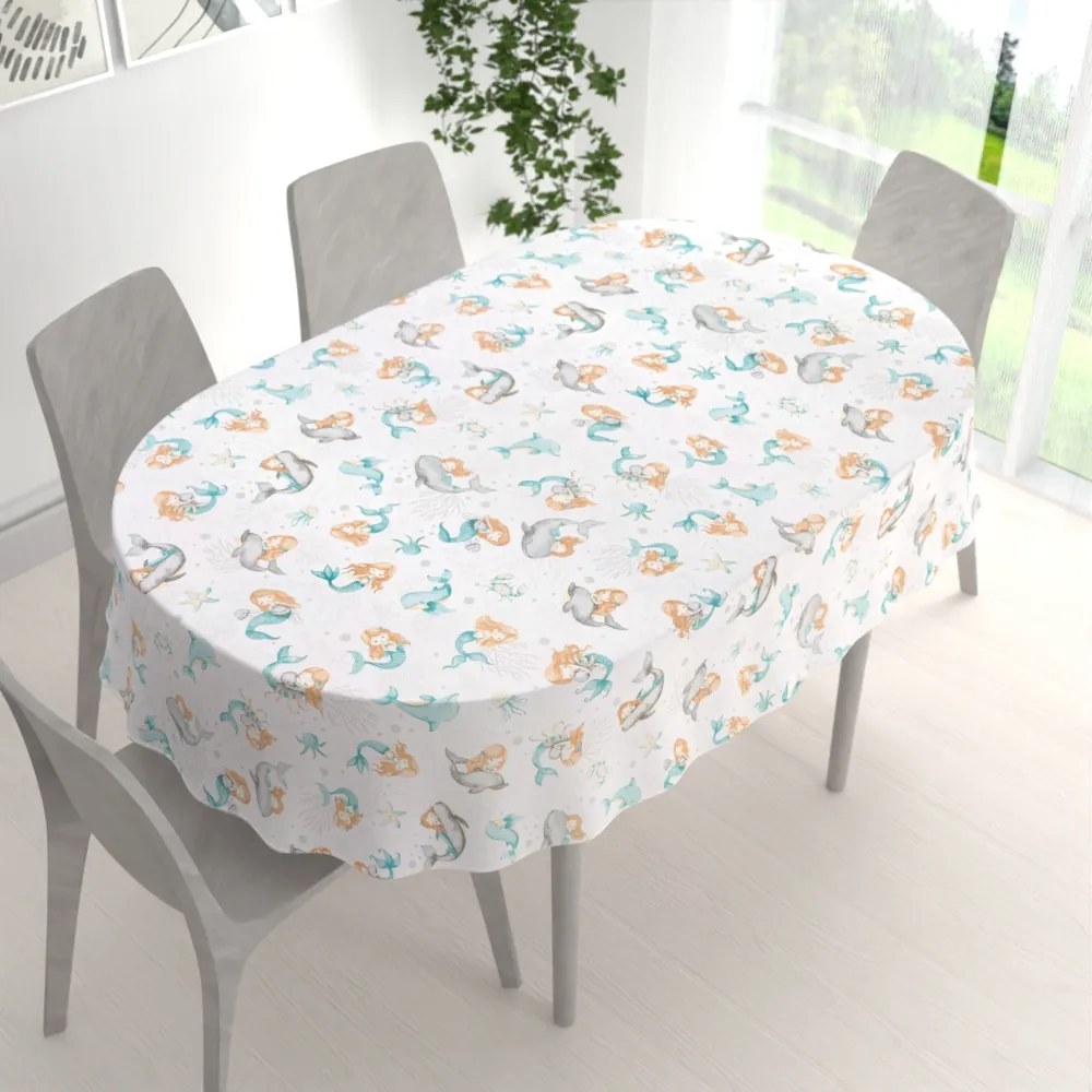Biante Detský bavlnený oválny obrus Sandra SA-691 Modrozelené morské panny s delfínmi a veľrybami na bielom 120x160 cm