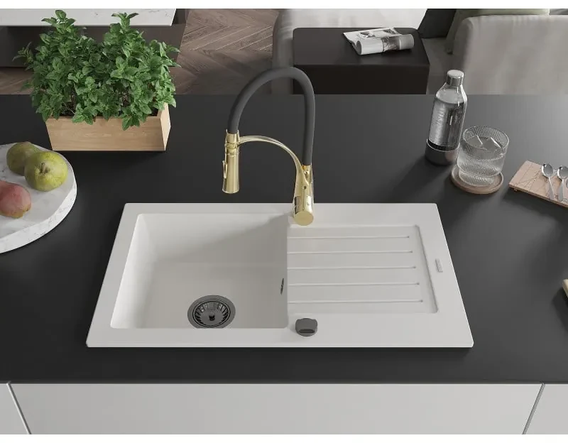 Mexen Pablo, 1-komorový granitový drez 752x436x161 mm a drezová batéria Aster, biela, 6510-20-73450-57-B
