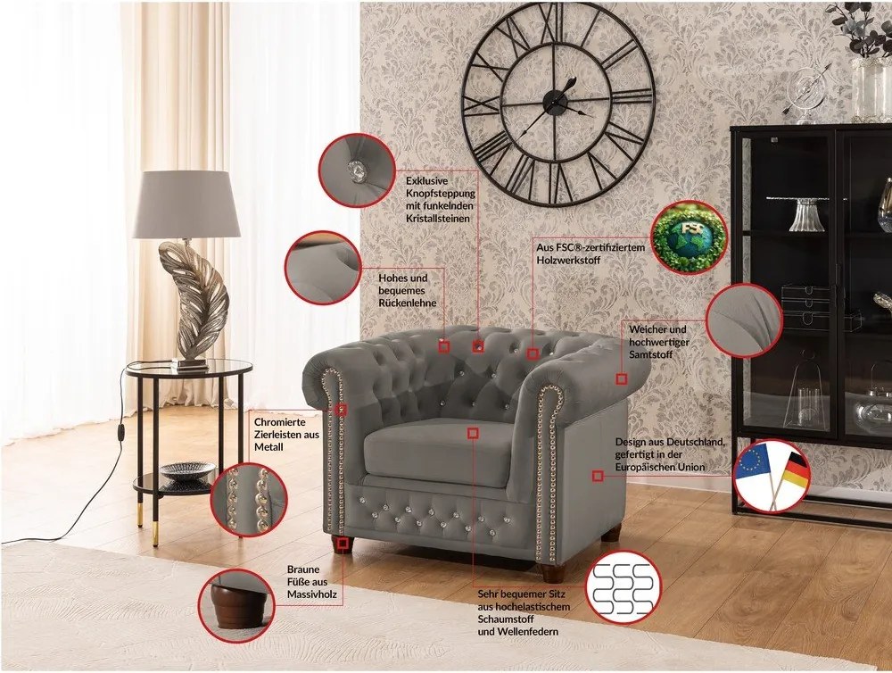 Sivé zamatové kreslo chesterfield York Blik – Ropez