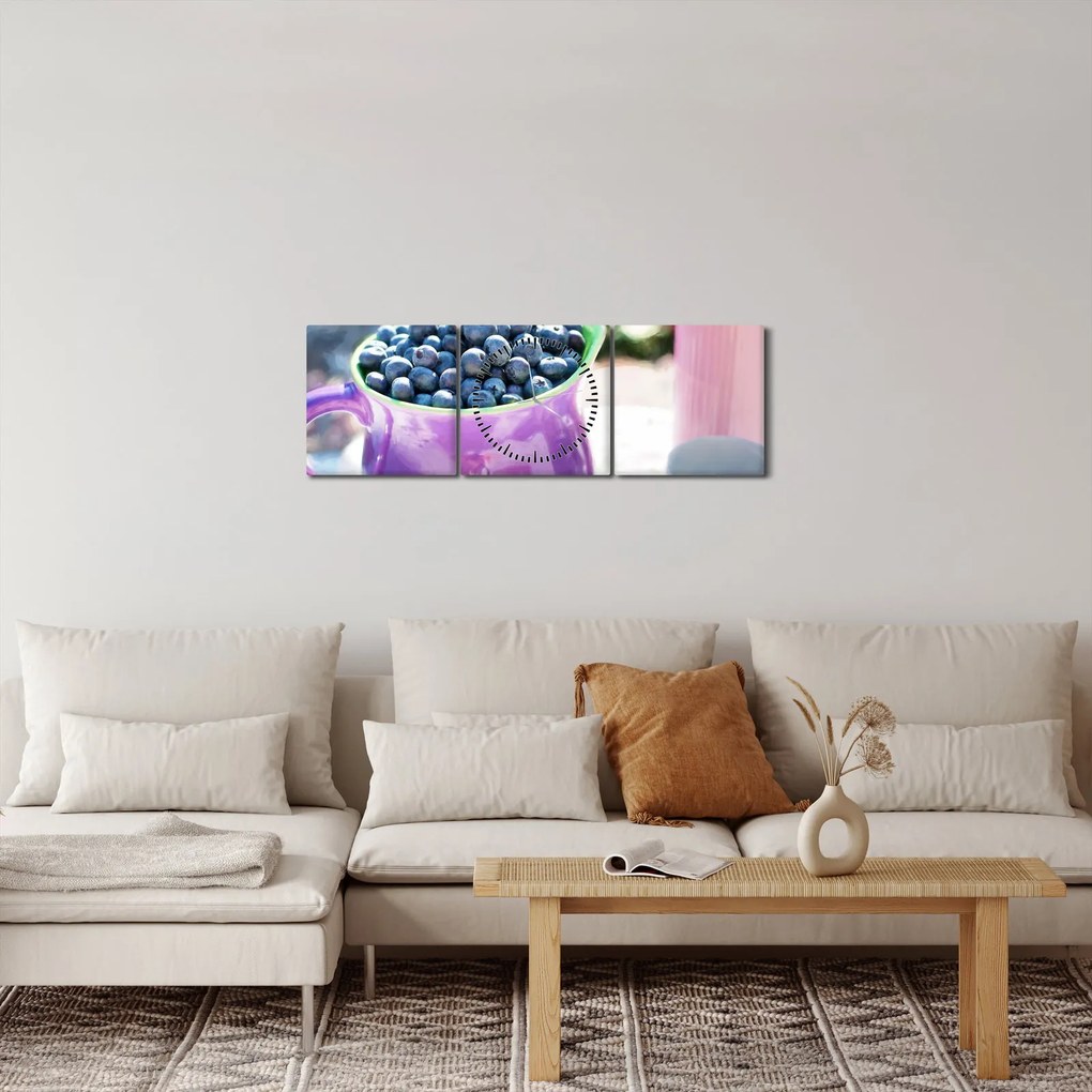 Obraz - čučoriedky v hrnčeku (s hodinami) (90x30 cm)